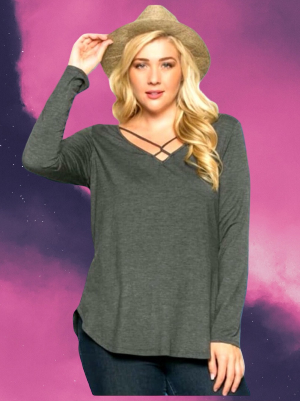 🆕Boutique Women’s plus-size Charcoal Gray Stretchy Long-sleeve Top❤️❤️2X